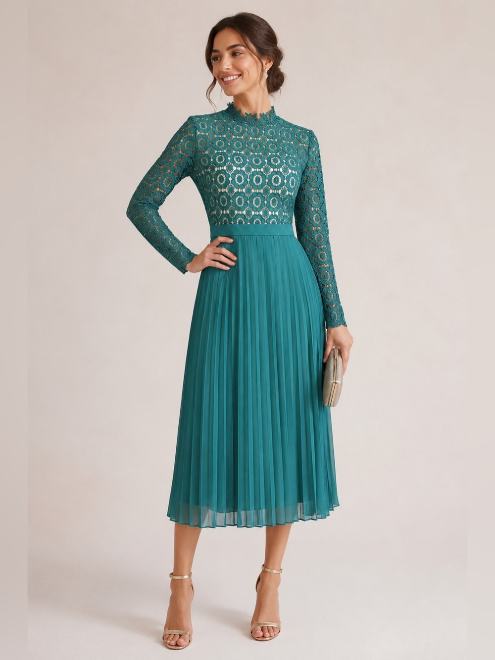 Ivy City Co Teal Lace Pleated Midi Dress Size L Long Sleeve Elegant
